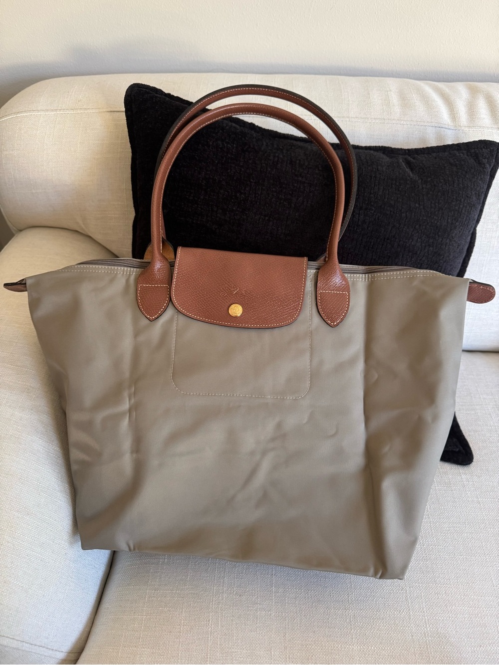 Longchamp Le Pliage Shoulder Tote Bag Taupe Nylon Tote with Brown Leather Trim